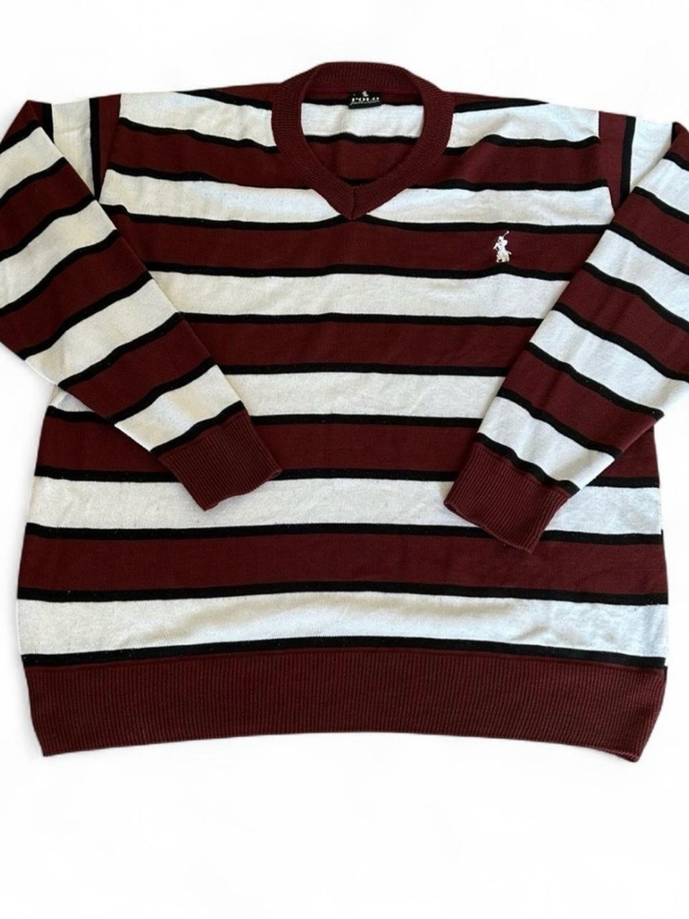 Polo by Ralph Lauren Burgundy, Cream & Black Striped V-Neck Sweater